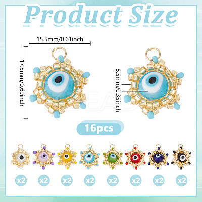 16Pcs 8 Colors Glass Seed Beaded Star Charm with Evil Eye Beads Pendants PALLOY-GO00071-1