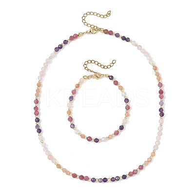 Natural Amethyst & Tourmaline & Sunstone & Rose Quartz Round Beaded Necklaces and Bracelet Set SJEW-JS01383-1