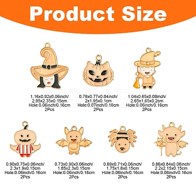 14Pcs 7 Styles Halloween Theme Rack Plating Luminous Alloy Enamel Pendants ENAM-FS0002-10G-1