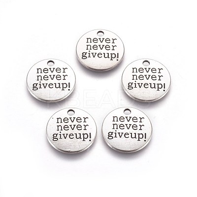 Tibetan Style Alloy Flat Round Carved Word Never Give Up Pendants X-TIBEP-12585-AS-RS-1
