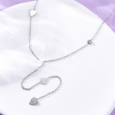 304 Stainless Steel Crystal Rhinestone Heart Lariat Necklaces NJEW-R026-10P-1