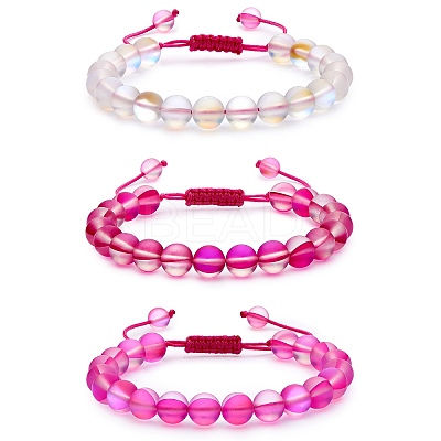 3Pcs Round Synthetic Moonstone Braided Bead Bracelets BJEW-SW00061-05-1