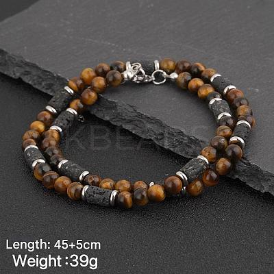 Natural Tiger Eye Round and Lava Rock Column Beaded Necklaces for Men AD4538-2-1