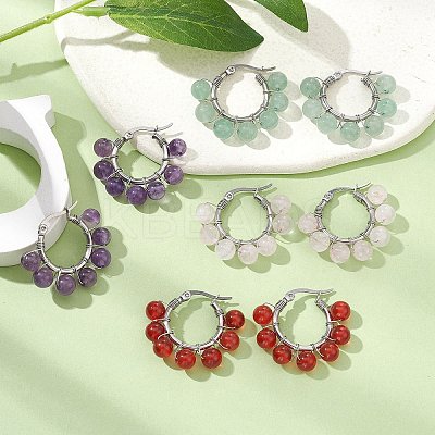 Natural & Synthetic Mixed Gemstone Round Beaded Hoop Earrings EJEW-JE05412-1
