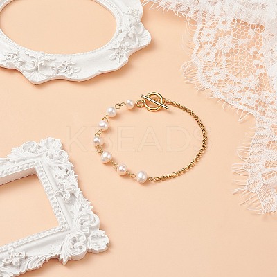 Natural Pearl Beaded Link Bracelet with 304 Stainless Steel Rolo Chains for Women BJEW-JB08776-01-1