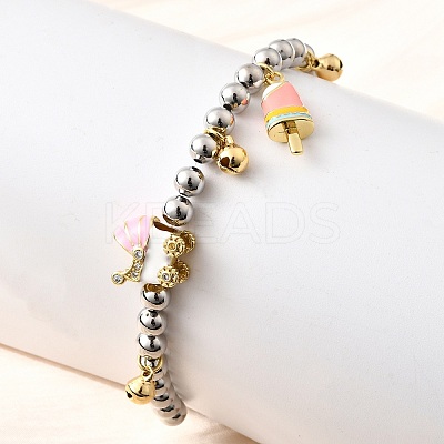 Brass Enamel Round Beads Charm Bracelets for Women BJEW-D317-11PG-1