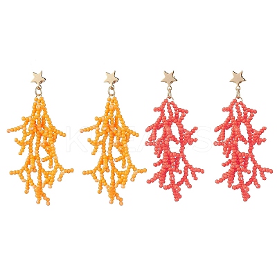 Star with Coral Handmade Glass Seed Beads Tassel Stud Earrings EJEW-MZ00472-1