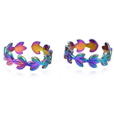 304 Stainless Steel Leaf Wrapped Cuff Ring RJEW-N038-062-1