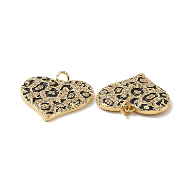 Heart with Leopard Print Pattern Brass Micro Pave Clear Cubic Zirconia Charms KK-G435-35G-1