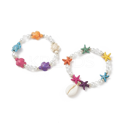 2Pcs 2 Style Starfish & Tortoise Synthetic Turquoise(Dyed) & Glass Pearl Beaded Stretch Bracelets Set BJEW-JB08994-1