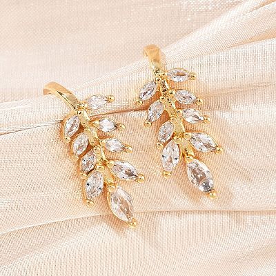 Leaf Brass Micro Pave Clear Cubic Zirconia Cuff Earrings EJEW-F384-20G-1
