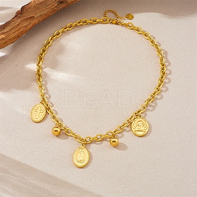 304 Stainless Steel Oval with Virgin Cross Pendant Necklaces for Women NJEW-A050-01G-1