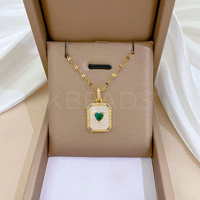 Rectangle with Heart Brass with Rhinestone Pendant Necklaces NJEW-Z026-05G-1