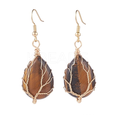 Teardrop Gemstone with Tree Dangle Earrings EJEW-JE04867-1