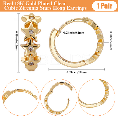 1 Pair Brass Clear Cubic Zirconia Star Hoop Earrings EJEW-BBC0002-13-1