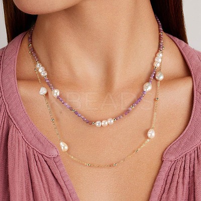 Natural Lepidolite & Pearl Beaded Double Layer Necklaces NJEW-G121-01G-1