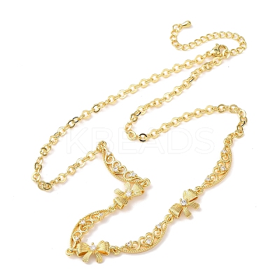 Brass Pave Clear Cubic Zirconia Bowknot and Hollow Moon Link Chain Necklaces NJEW-D348-02G-1