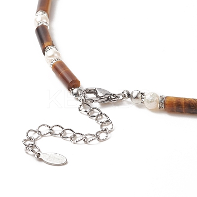 Natural Tiger Eye & Pearl & Crystal Rhinestone Beaded Necklace for Women NJEW-JN04209-03-1