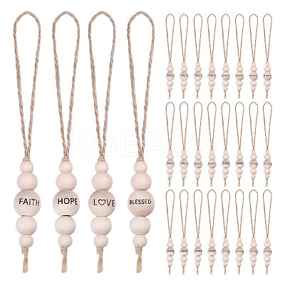 28Pcs 4 Styles Christmas Theme Wood Round Beaded with Word Pendant Decorations with Jute Cord HJEW-CA00079-1