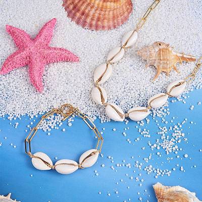 Natural Cowrie Shell Beads Pendant Necklace with Paperclip Chains for Women NJEW-SW00008-1