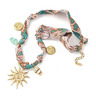 304 Stainless Steel Sun & Resin Fish Pendant Polyester Scarf Necklaces for Women NJEW-D340-03G-1