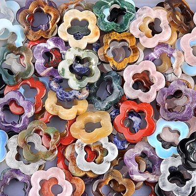 Natural & Synthetic Mixed Gemstone Hollow Flower Pendants PW-WG95796-01-1