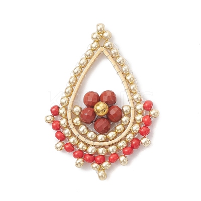 Faceted Round Natural Red Jasper & Glass Seed Beaded Pendants PALLOY-MZ01097-03-1