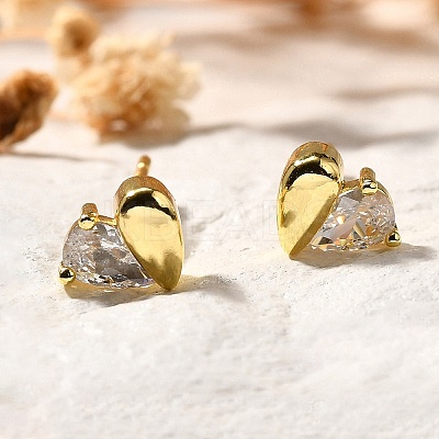 Heart Brass Micro Pave Clear Cubic Zirconia Stud Earrings EJEW-R018-07G-1