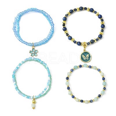 4Pcs 4 Style Natural Mixed Gemstone & Seed Beaded Stretch Bracelets Set BJEW-JB09606-03-1