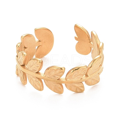 Ion Plating(IP) 304 Stainless Steel Leaf Wrap Open Cuff Ring for Women RJEW-C025-16G-1