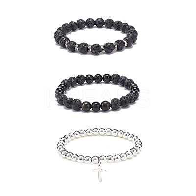 3Pcs 3 Style Style Natural Lava Rock & Golden Sheen Obsidian & Synthetic Hematite Stretch Bracelets Set BJEW-JB08735-1