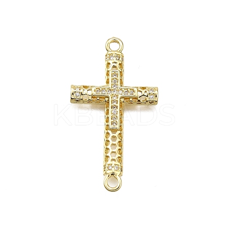 Brass Micro Pave Clear Cubic Zirconia Religion Cross Connector Charms KK-Z100-22G-05-1