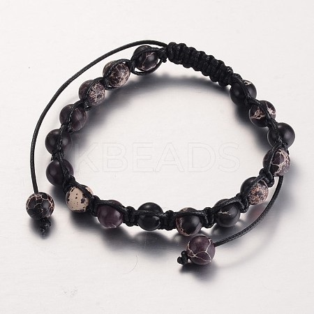 Round Natural Regalite/Imperial Jasper/Sea Sediment Jasper Braided Beaded Bracelets BJEW-PH00729-03-1