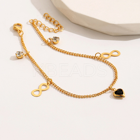 Fashionable Real 18K Gold Plated Brass Pave Cubic Zirconia Twisted Chain Heart & Infinity Charm Women's Bracelets AV2919-1