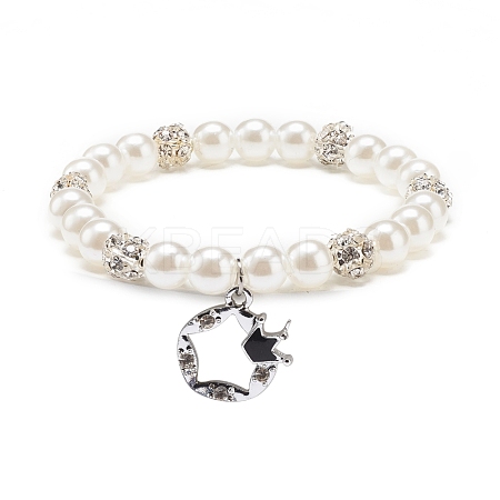 ABS Plastic Imitation Pearl  & Rhinestone Beaded Stretch Bracelet with Alloy Charm for Women BJEW-JB08526-01-1