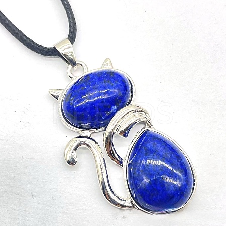 Natural Lapis Lazuli Alloy Cat Shape Pendant Necklaces KJ2639-18-1