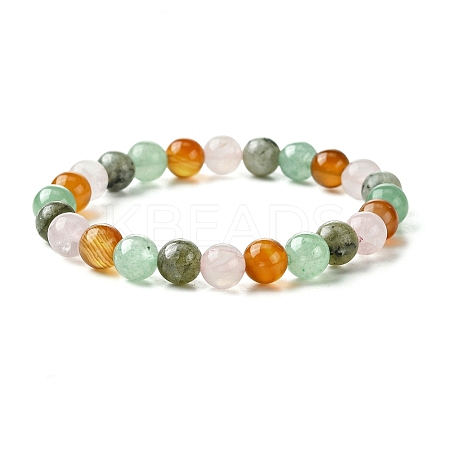Natural Carnelian & Rose Quartz & Green Aventurine & Labradorite Round Beaded Stretch Bracelets BJEW-JB10910-05-1
