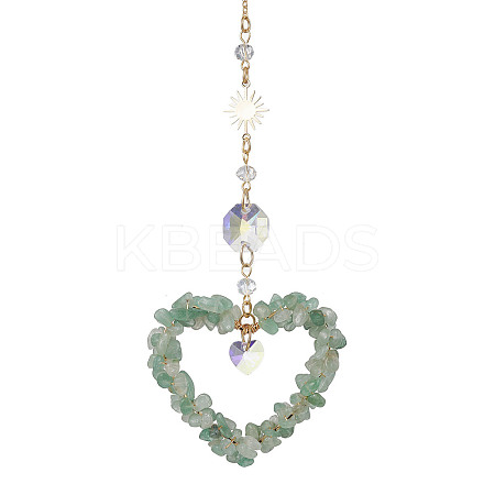 Heart Natural Green Aventurine Chip Pendant Drcorations HJEW-JM01651-03-1