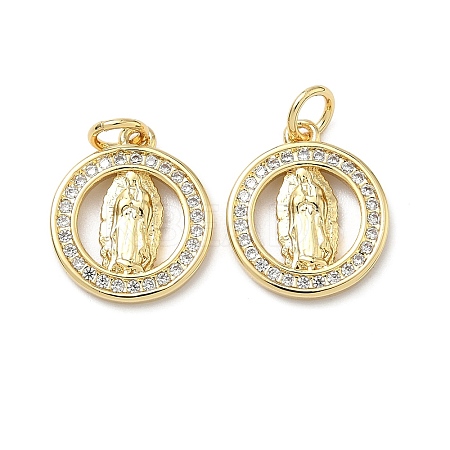 Brass Micro Pave Cubic Zirconia Flat Round with Virgin Mary Charms KK-C156-23G-1