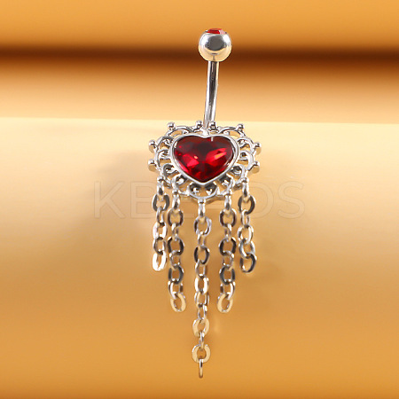 316L Surgical Stainless Steel Dark Red Cubic Zirconia Heart Curved Barbell Dangle Belly Rings WG4CABC-02-1