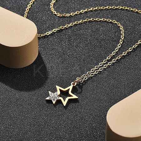 304 Stainless Steel Crystal Rhinestone Double Star Pendant Cable Chain Necklaces LS-NJEW-Z056-02A-G-1