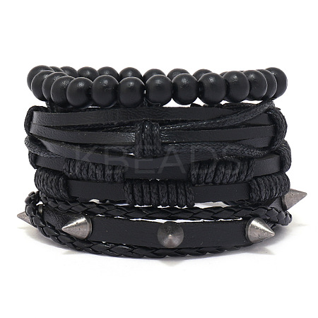 4Pcs 4 Styles Wood Beads Stretch Braceletas & Alloy Artificial Leather Cord Bracelet Sets for Men FS-WG9743B-04-1