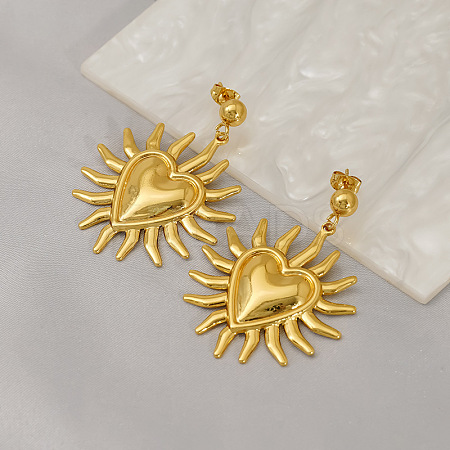 Sun with Heart 304 Stainless Steel Dangle Stud Earrings EJEW-K323-01G-1