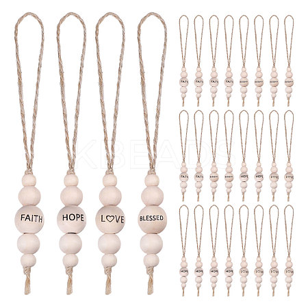 28Pcs 4 Styles Christmas Theme Wood Round Beaded with Word Pendant Decorations with Jute Cord HJEW-CA00079-1