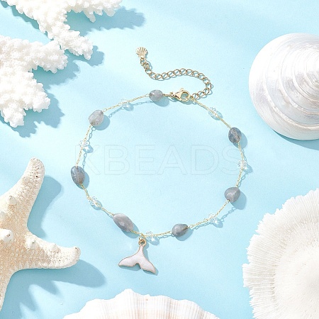 Brass Handmade Natural Labradorite Nuggets Link Chain Alloy Enamel Whale Tail Pendant Anklets for Women AJEW-AN00709-02-1