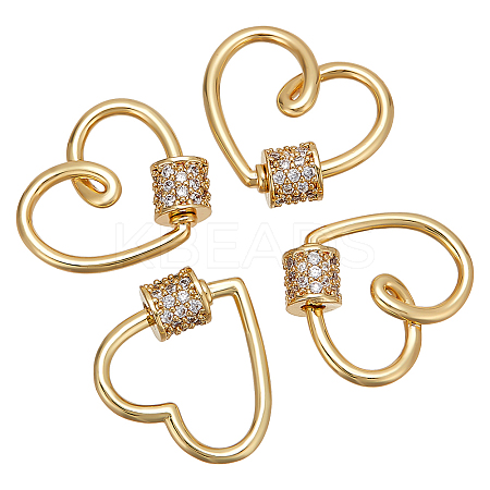 4Pcs Heart Brass Micro Pave Clear Clear Cubic Zirconia Screw Carabiner Lock Charms KK-NB0003-51-1