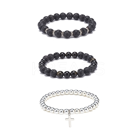 3Pcs 3 Style Style Natural Lava Rock & Golden Sheen Obsidian & Synthetic Hematite Stretch Bracelets Set BJEW-JB08735-1