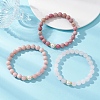 3Pcs Round Natural Rose Quartz & Rhodochrosite & Pink Opal & Pearl Beaded Stackable Stretch Bracelets Sets BJEW-JB12995-5