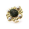 304 Stainless Steel with Natural Gemstone and Plastic Imitation Pearl Adjustable Cuff Rings for Women RJEW-Z096-02G-02-2