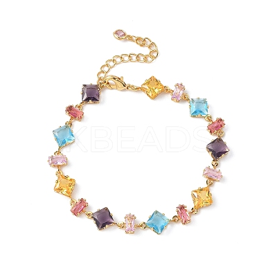 Rectangle Rhombus Brass Glass & Cubic Zirconia Link Bracelets BJEW-D378-01G-1
